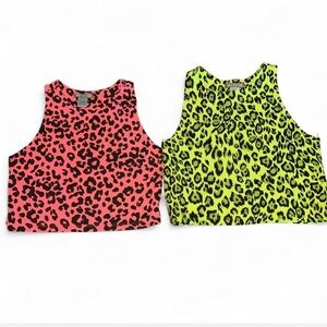 Good Luck Gem Kids Leopard Tank Tops - Pink and Neon Yellow